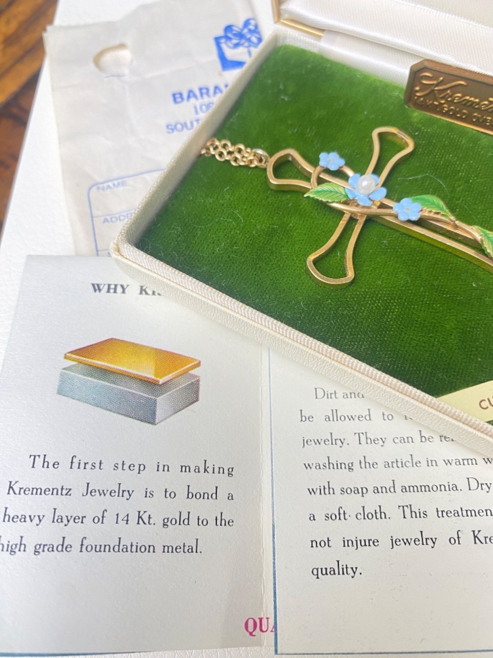 Vintage Krementz Forget Me Not Enamel Cross Necklace Genuine Pearl Box Papers - Picture 8 of 8